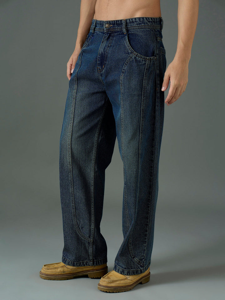 Men Blue Front Detail Wide Leg Jeans
