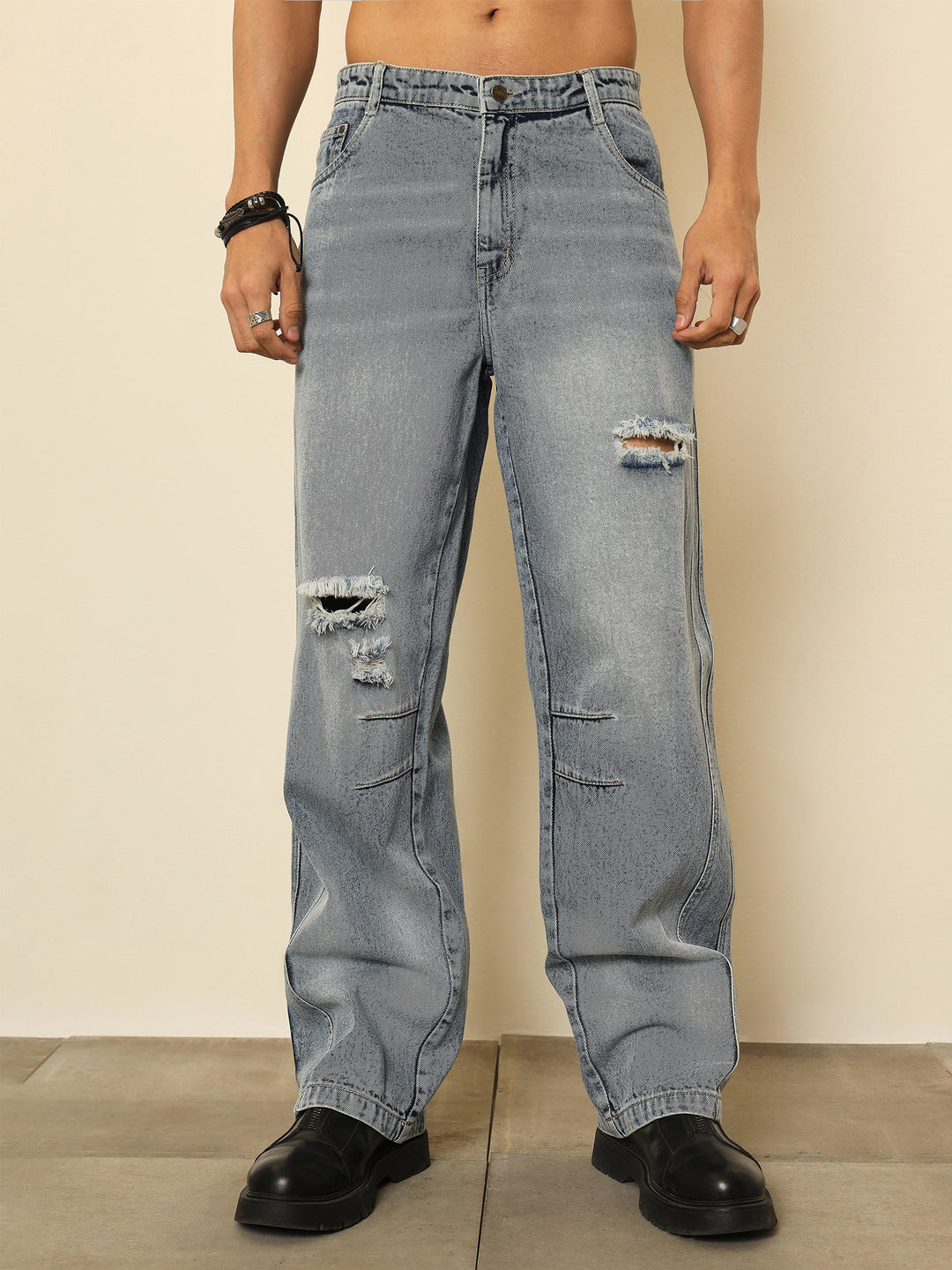Men Light Blue Distressed Darted-Knee Relax Fit Jeans