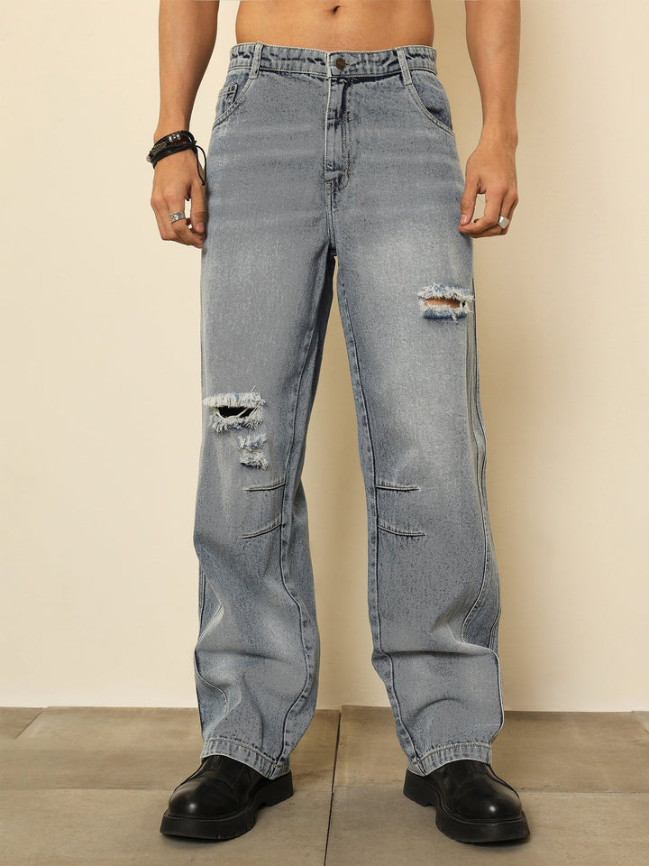 Men Light Blue Distressed Darted-Knee Relax Fit Jeans