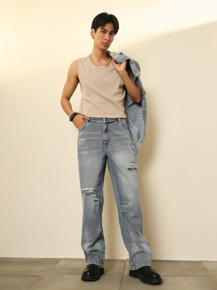 Men Light Blue Distressed Darted-Knee Relax Fit Jeans