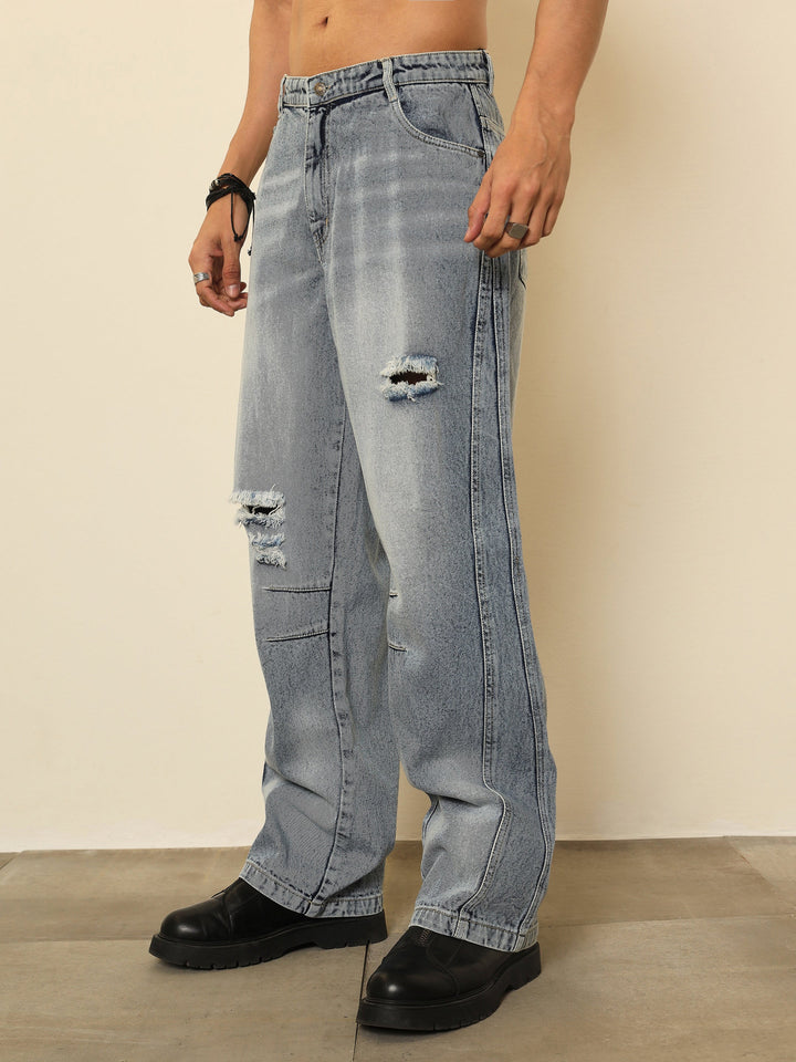 Men Light Blue Distressed Darted-Knee Relax Fit Jeans