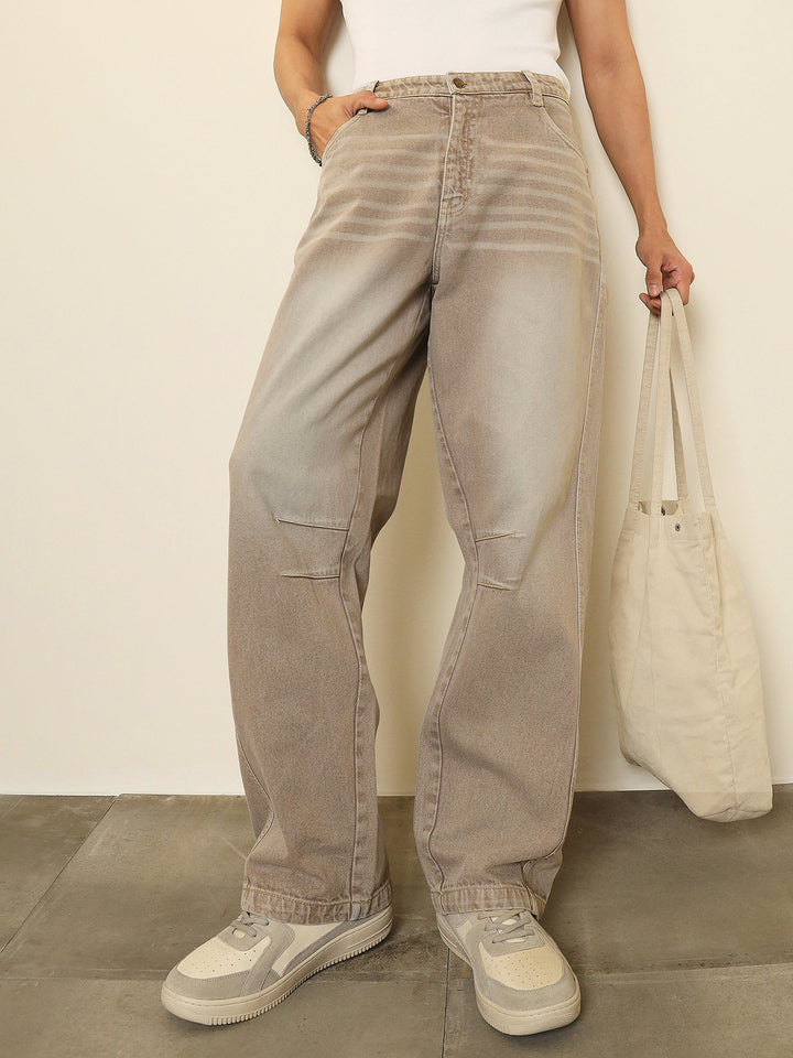 Men Light Brown Darted-Knee Relax Fit Jeans