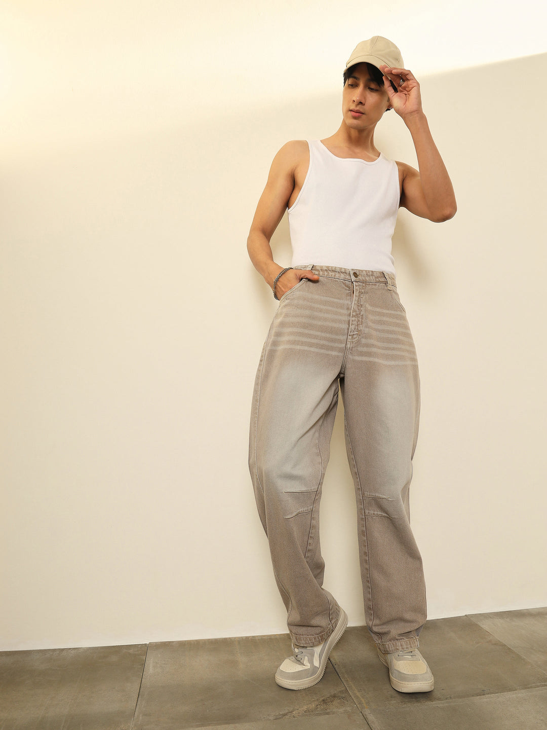 Men Light Brown Darted-Knee Relax Fit Jeans