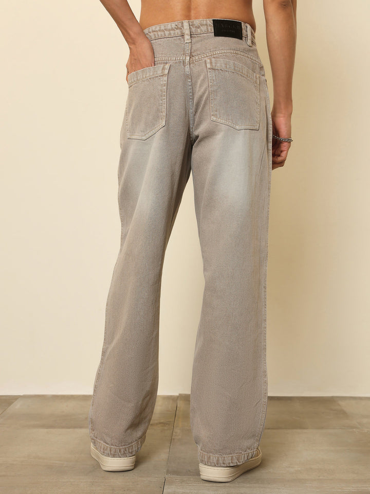 Men Light Brown Darted-Knee Relax Fit Jeans