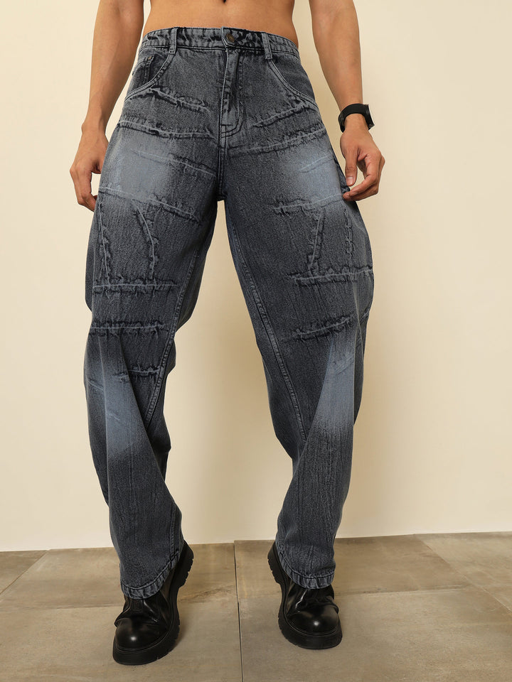 Men Grey Crinkled-Wash Effect Relax Fit Jeans