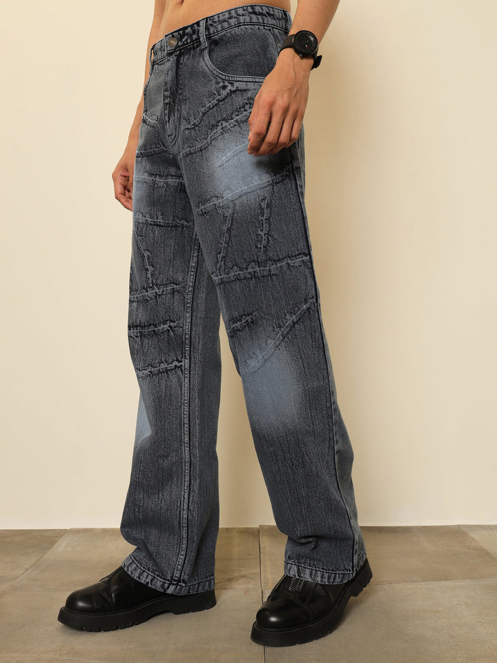 Men Grey Crinkled-Wash Effect Relax Fit Jeans
