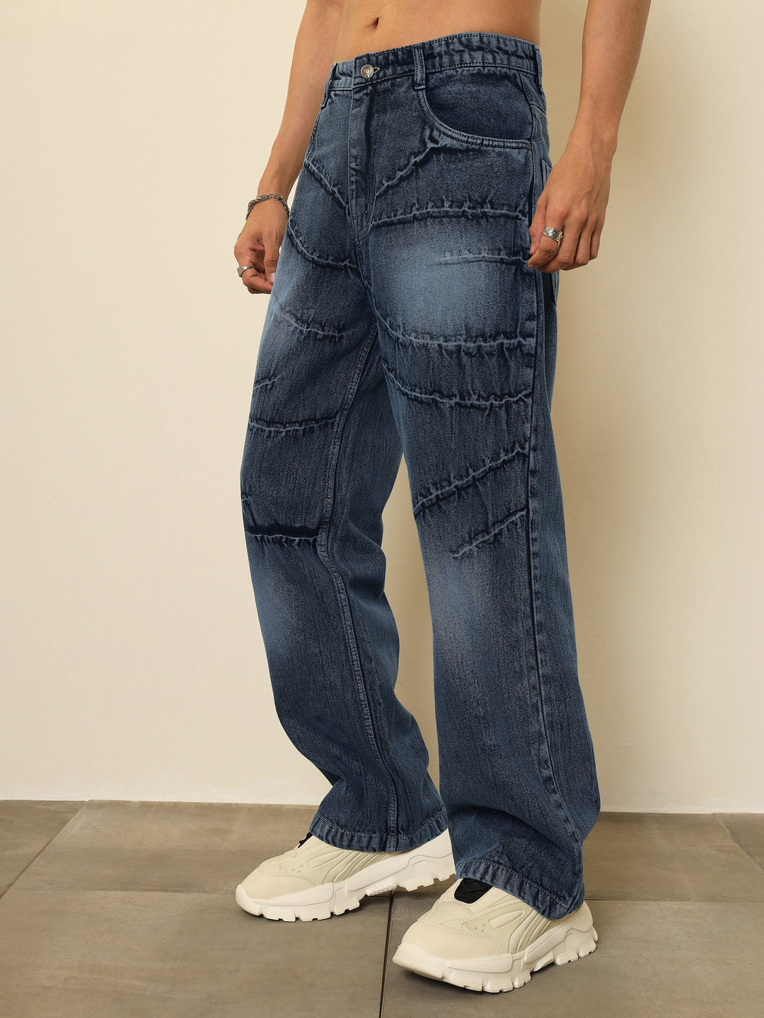 Men Dark Blue Crinkled-Wash Effect Relax Fit Jeans