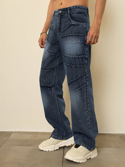 Men Dark Blue Crinkled-Wash Effect Relax Fit Jeans