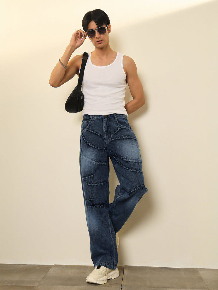 Men Dark Blue Crinkled-Wash Effect Relax Fit Jeans