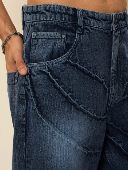 Men Dark Blue Crinkled-Wash Effect Relax Fit Jeans