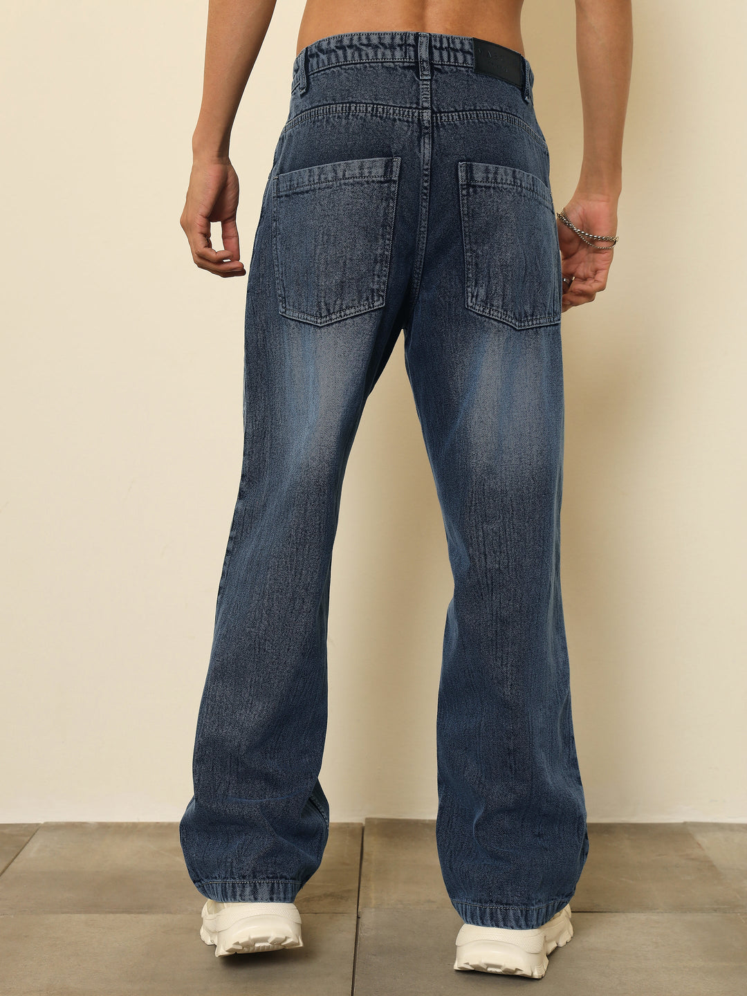 Men Dark Blue Crinkled-Wash Effect Relax Fit Jeans