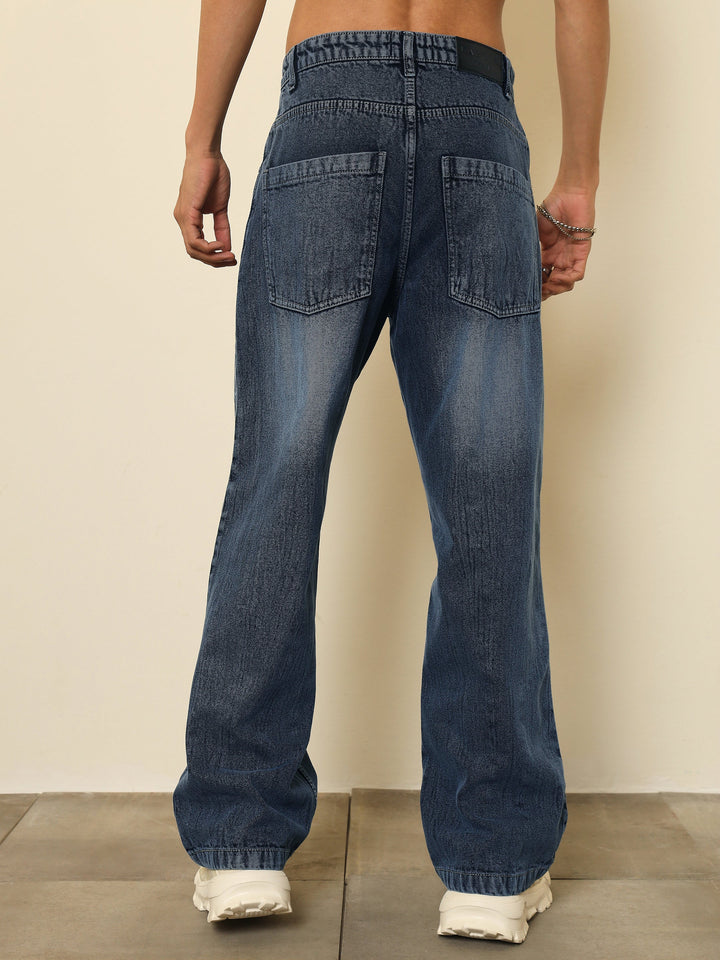 Men Dark Blue Crinkled-Wash Effect Relax Fit Jeans