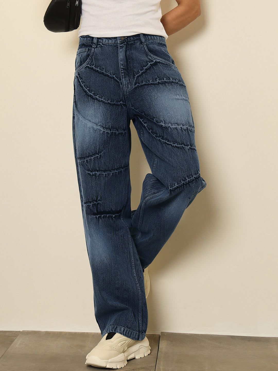 Men Dark Blue Crinkled-Wash Effect Relax Fit Jeans