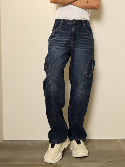Men Dark Blue Washed Side Flap Relax Fit Jeans