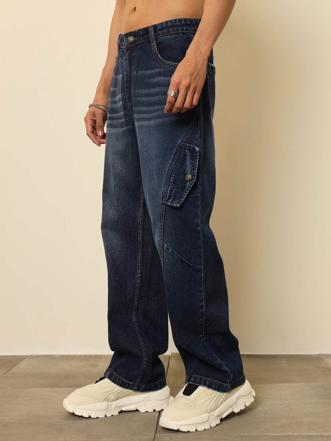 Men Dark Blue Washed Side Flap Relax Fit Jeans