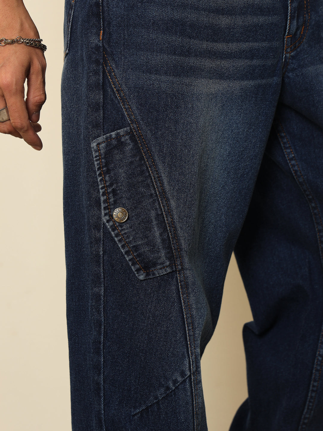 Men Dark Blue Washed Side Flap Relax Fit Jeans