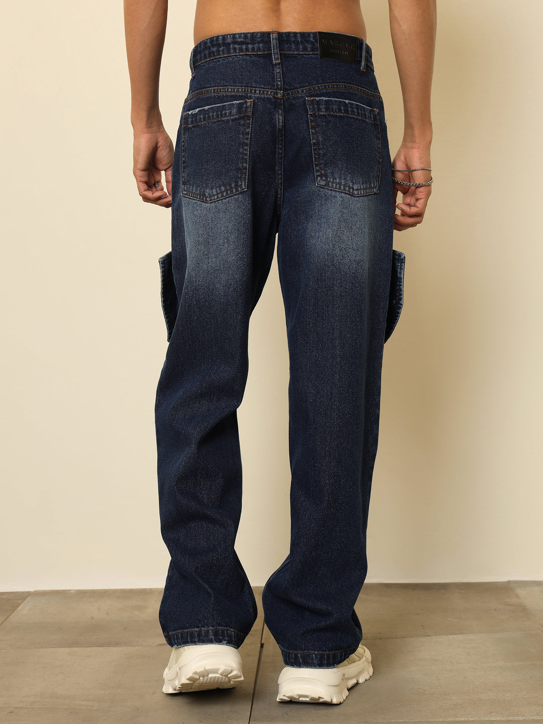 Men Dark Blue Washed Side Flap Relax Fit Jeans