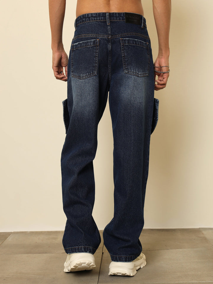 Men Dark Blue Washed Side Flap Relax Fit Jeans