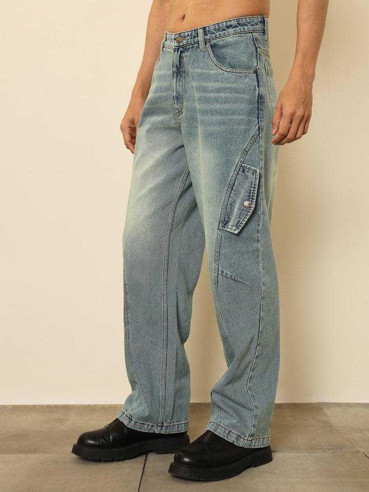 Men Blue Acid Wash Side Flap Relax Fit Jeans