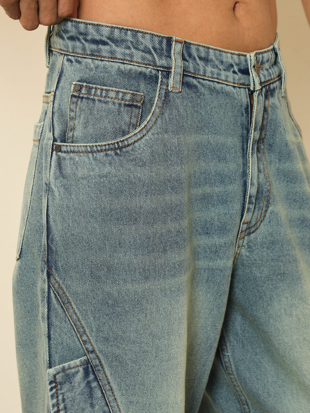 Men Blue Acid Wash Side Flap Relax Fit Jeans