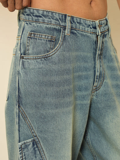 Men Blue Acid Wash Side Flap Relax Fit Jeans