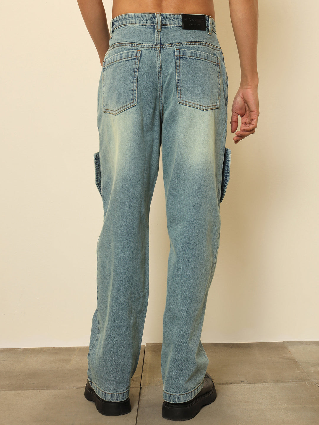 Men Blue Acid Wash Side Flap Relax Fit Jeans