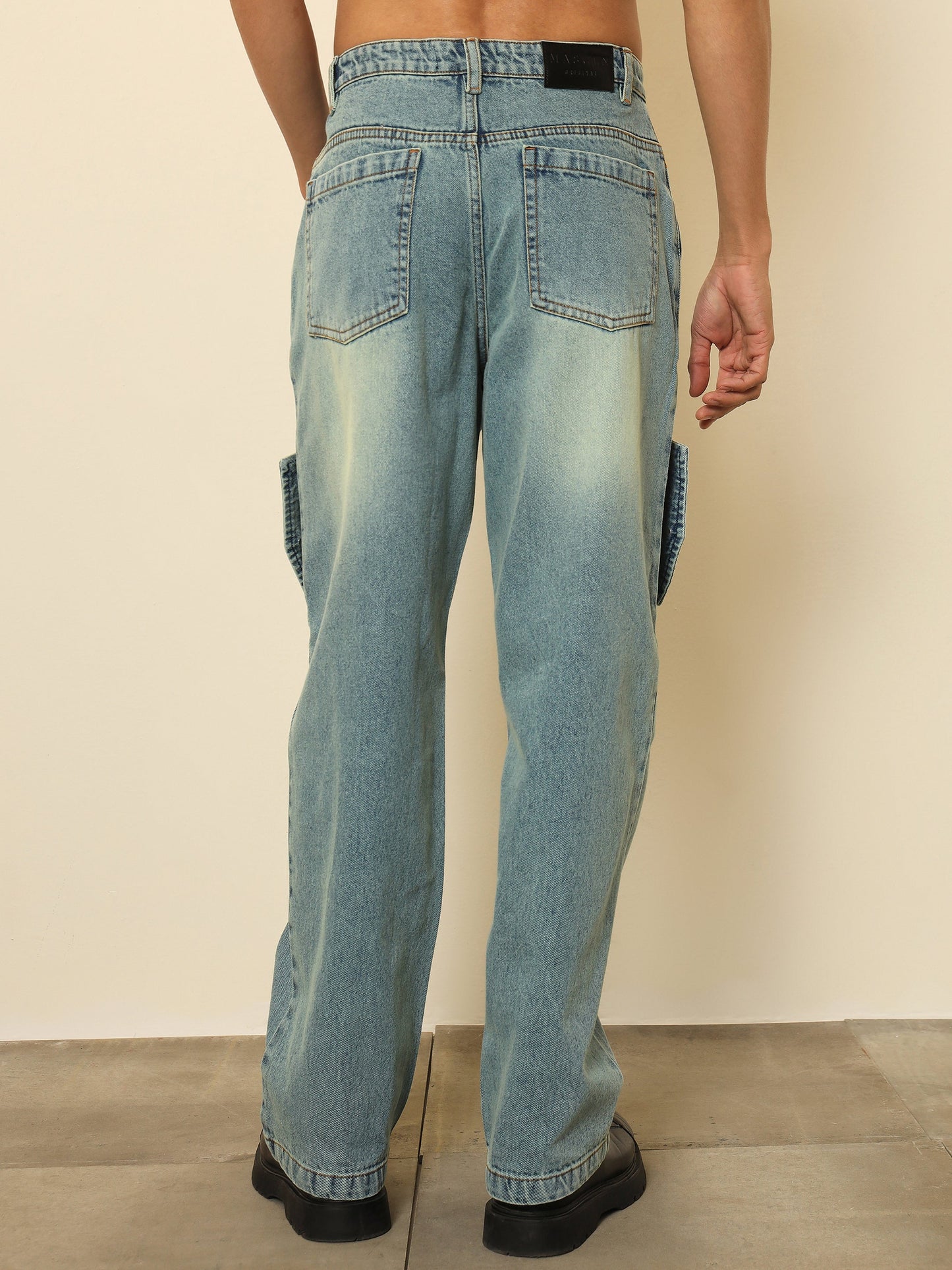 Men Blue Acid Wash Side Flap Relax Fit Jeans