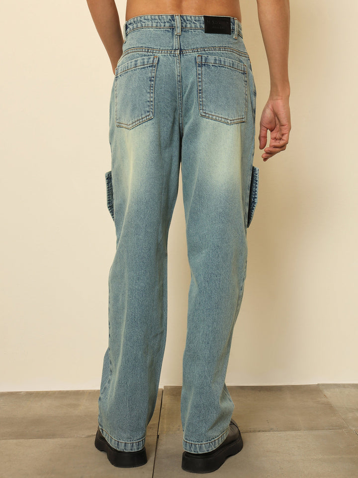 Men Blue Acid Wash Side Flap Relax Fit Jeans