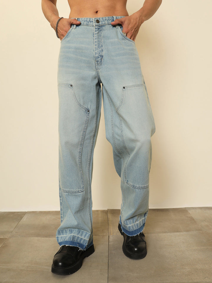 Men Light Blue Frayed-Hem Relax Fit Carpenter Jeans
