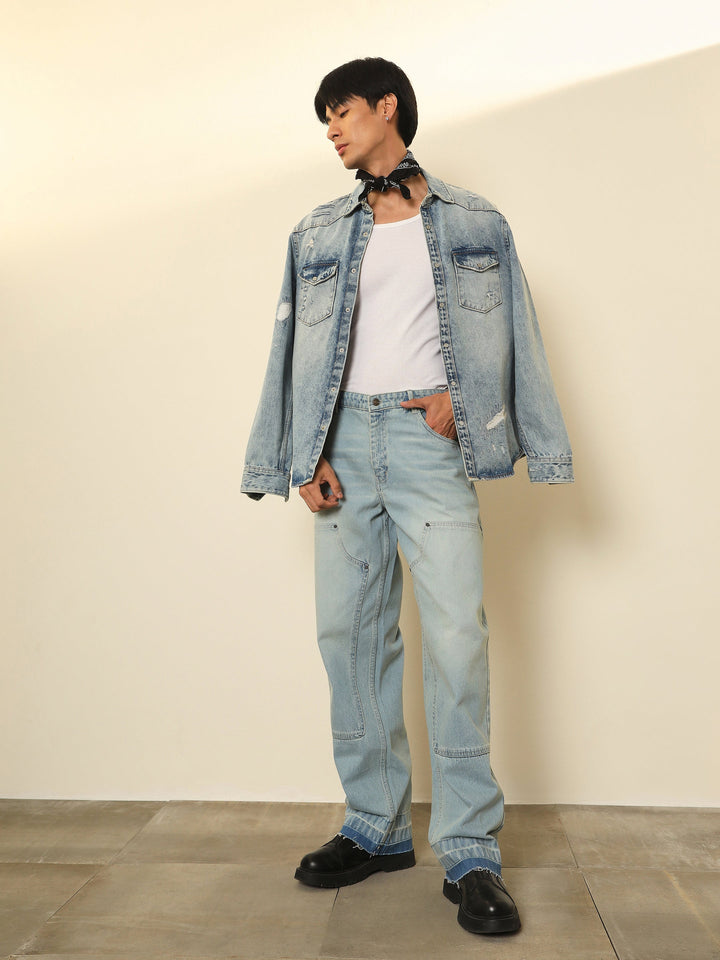 Men Light Blue Frayed-Hem Relax Fit Carpenter Jeans