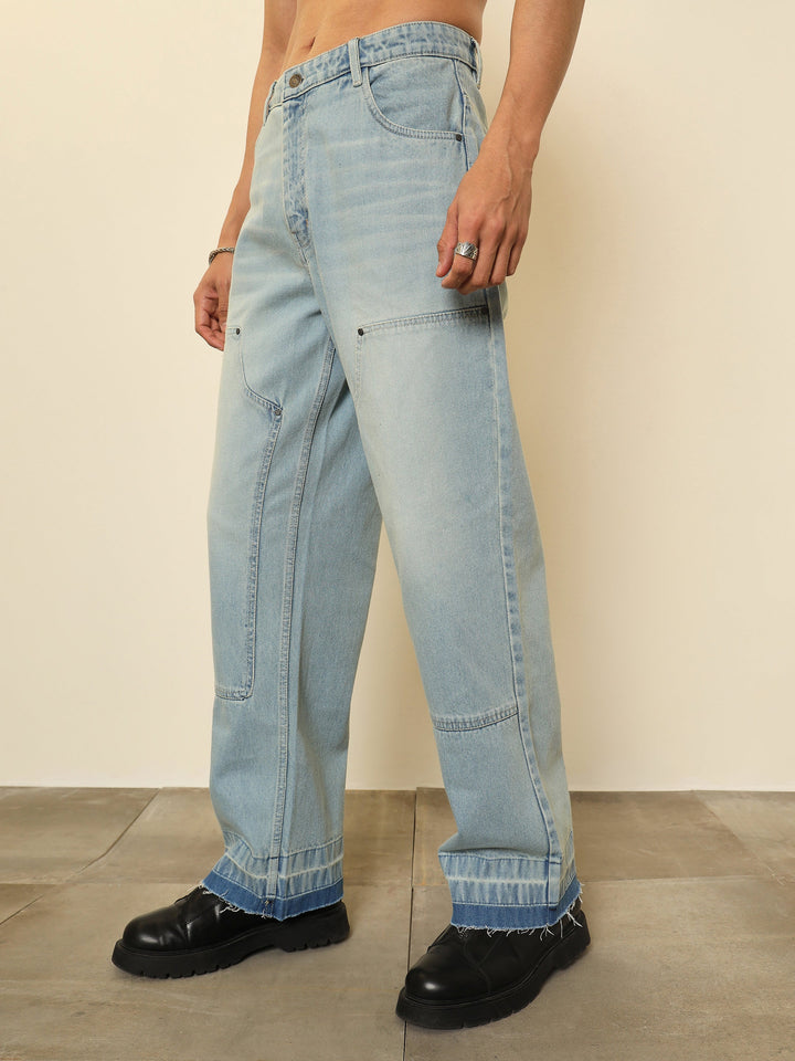 Men Light Blue Frayed-Hem Relax Fit Carpenter Jeans