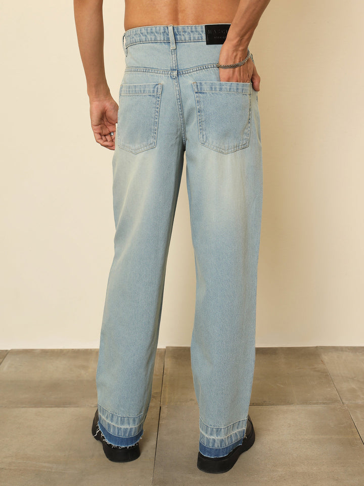 Men Light Blue Frayed-Hem Relax Fit Carpenter Jeans