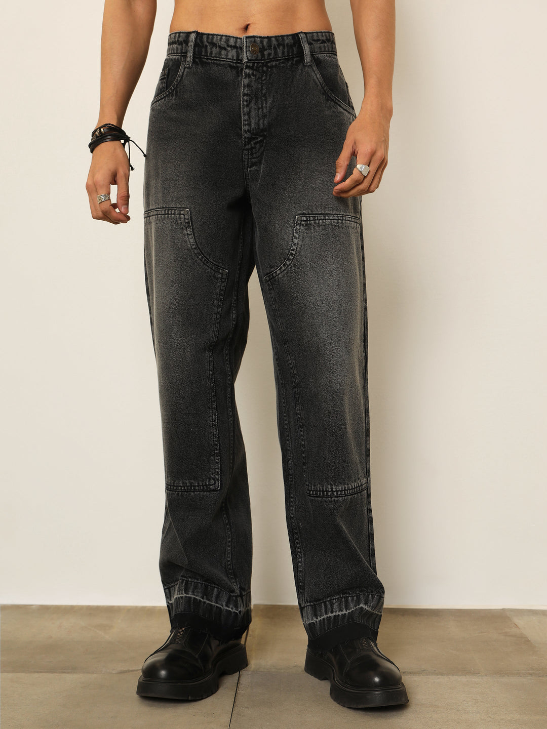 Men Black Washed Frayed-Hem Relax Fit Carpenter Jeans