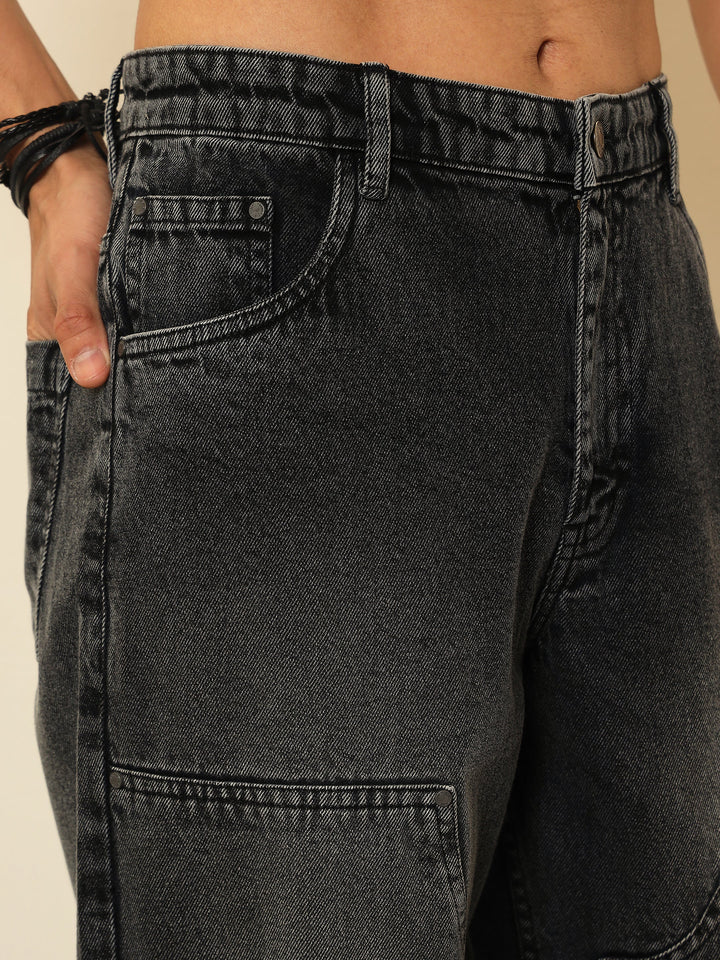Men Black Washed Frayed-Hem Relax Fit Carpenter Jeans