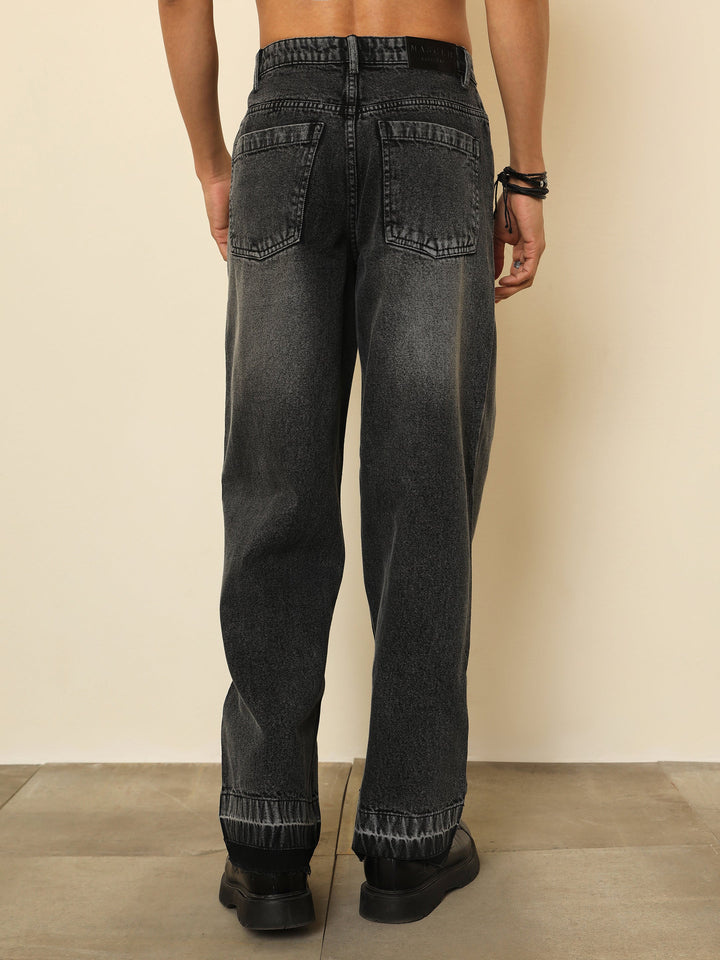 Men Black Washed Frayed-Hem Relax Fit Carpenter Jeans