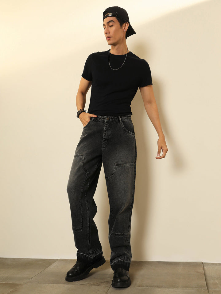 Men Black Washed Frayed-Hem Relax Fit Carpenter Jeans