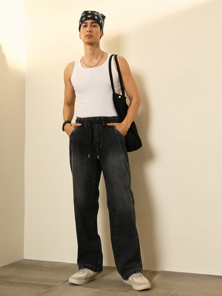 Men Black Washed Seam-Detail Relax Fit Jogger Jeans