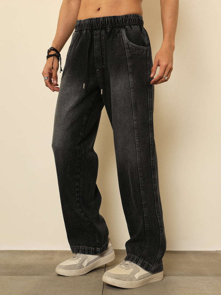 Men Black Washed Seam-Detail Relax Fit Jogger Jeans