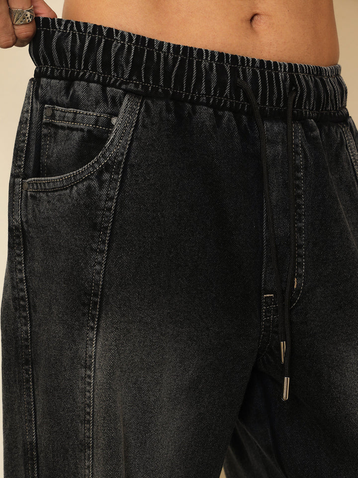 Men Black Washed Seam-Detail Relax Fit Jogger Jeans