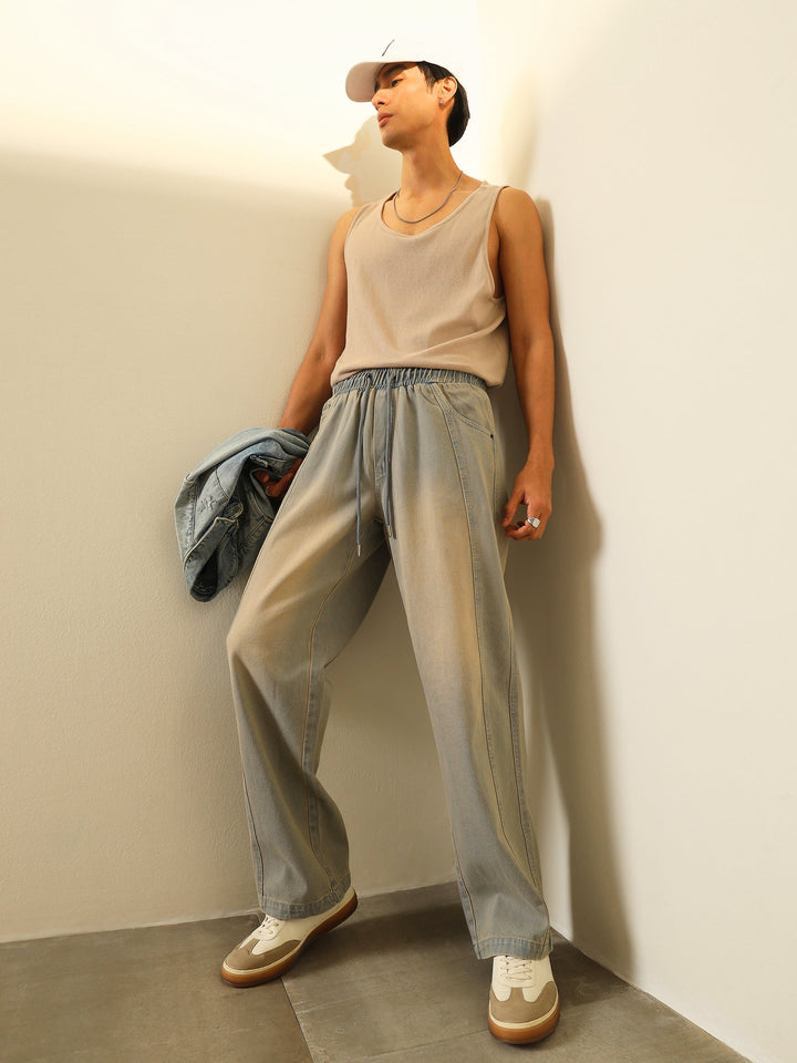 Men Light Blue Seam-Detail Relax Fit Jogger Jeans
