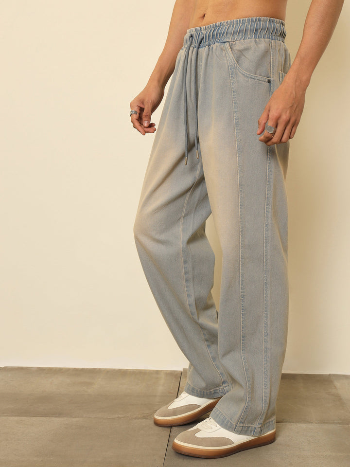 Men Light Blue Seam-Detail Relax Fit Jogger Jeans