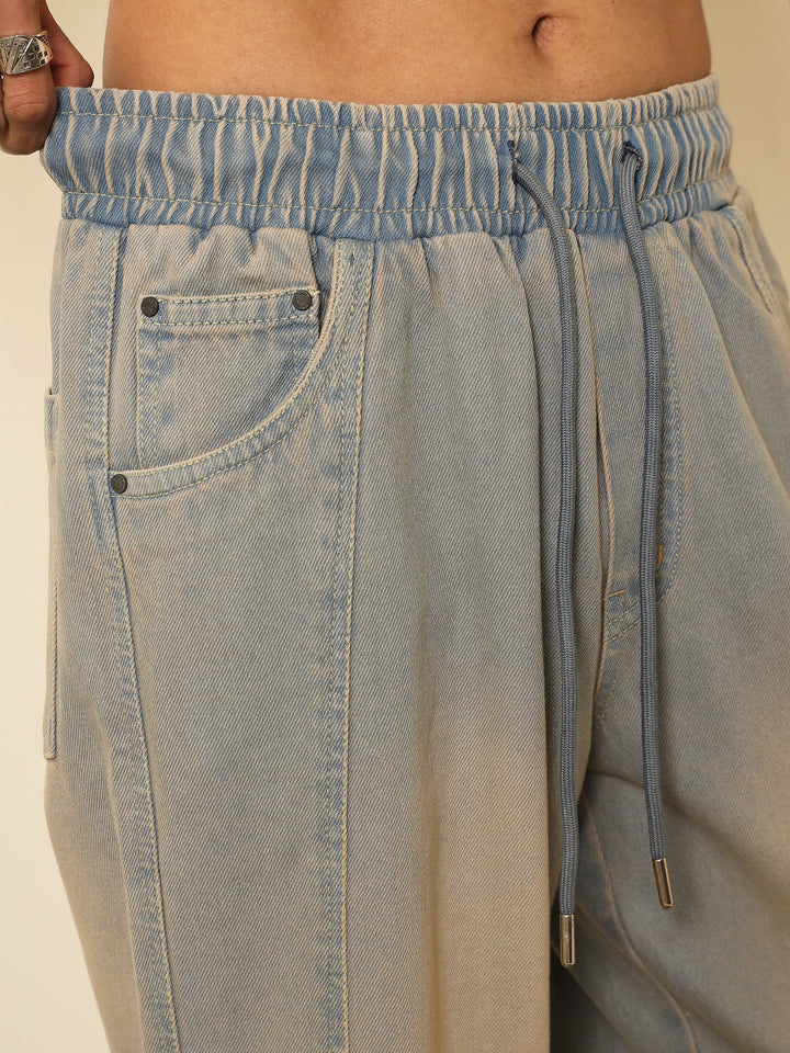 Men Light Blue Seam-Detail Relax Fit Jogger Jeans