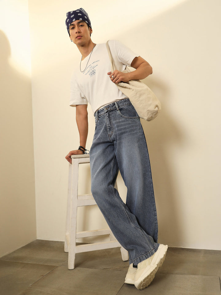 Men Blue Whisker Wash Basic Relax Fit Jeans