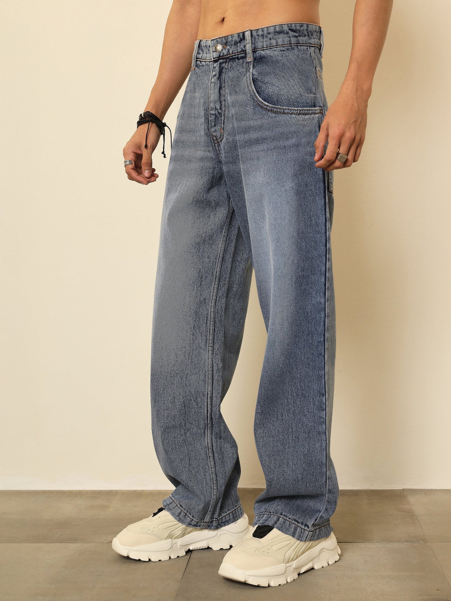 Men Blue Whisker Wash Basic Relax Fit Jeans