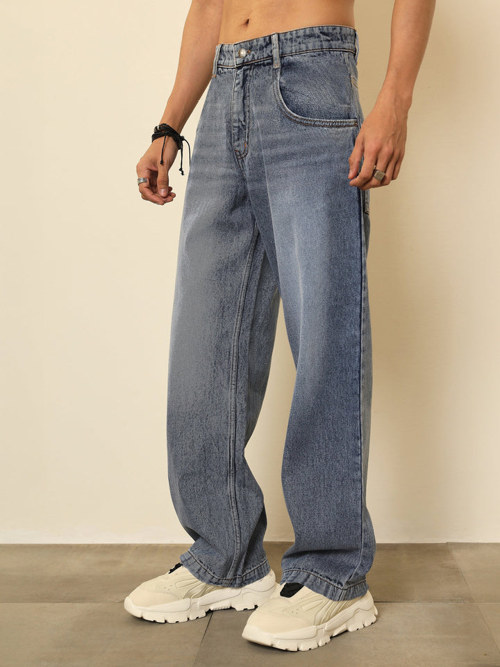 Men Blue Whisker Wash Basic Relax Fit Jeans
