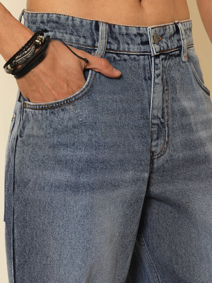 Men Blue Whisker Wash Basic Relax Fit Jeans
