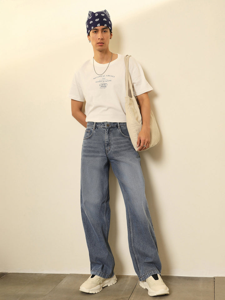 Men Blue Whisker Wash Basic Relax Fit Jeans
