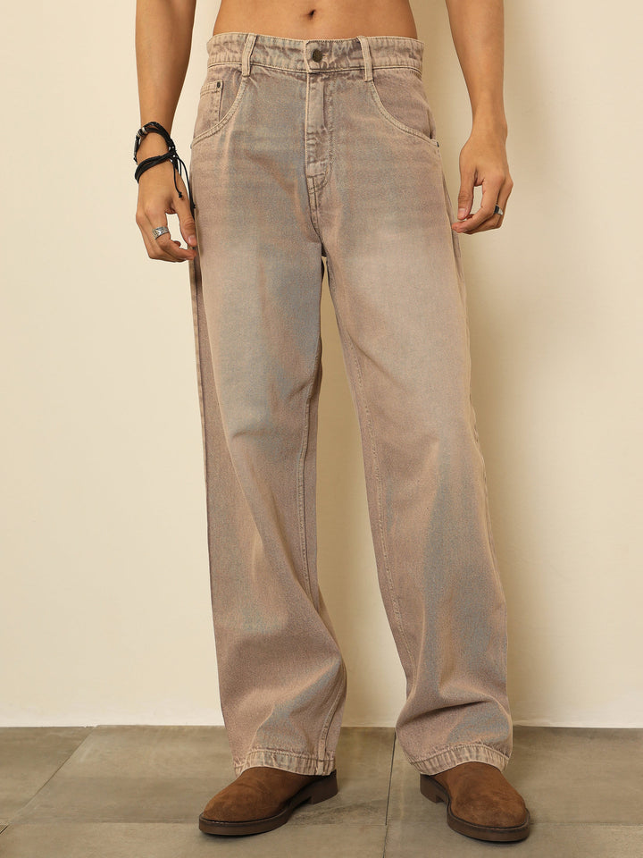 Men Beige Whisker Wash Basic Relax Fit Jeans