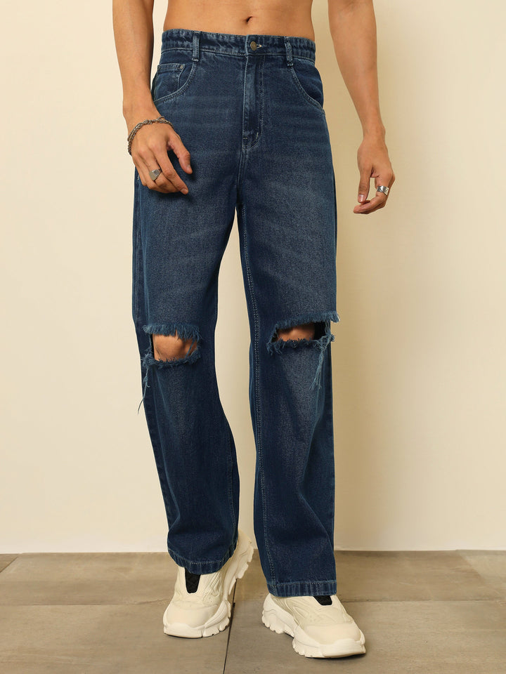 Men Navy Blue Washed Distressed Relax Fit Jeans