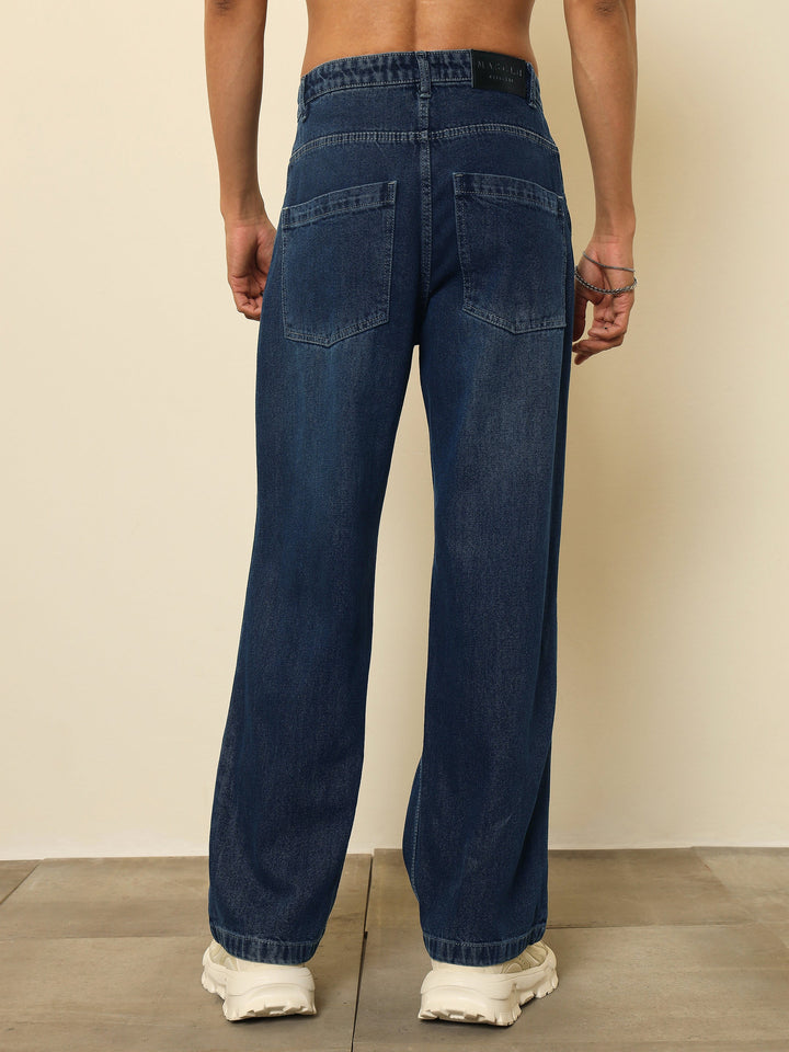 Men Navy Blue Washed Distressed Relax Fit Jeans